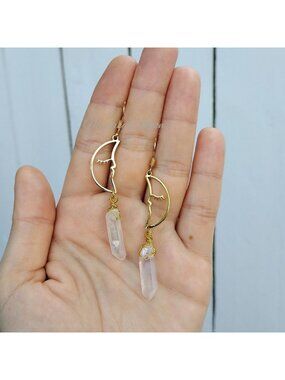 Clear Quartz Moon Face Earrings Celestial Crystal Jewelry Gold Moon Dangle